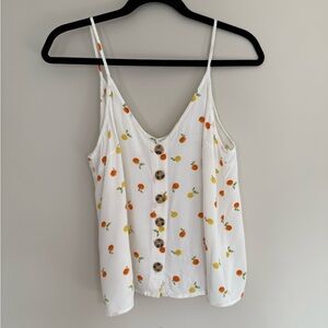 Paper Crane White Tank Cami Orange and Lemons Citrus Print with Brown Buttons